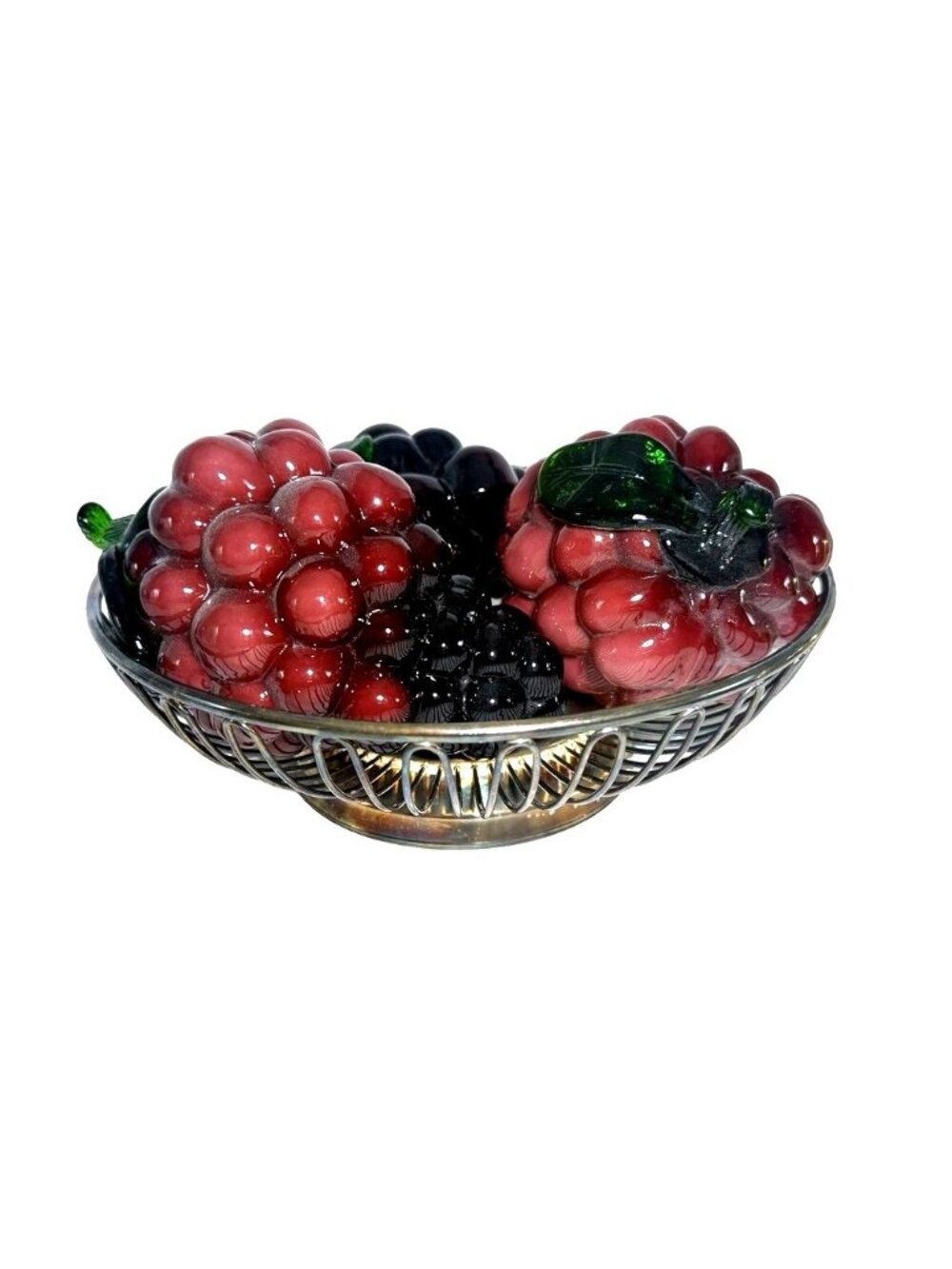 Vintage Blown Glass Purple Grape Clusters With Silver Plated Wire Fruit Bowl